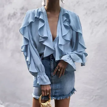 Womens Clothing Ruffles Splicing Long Sleeve V Neck Chiffon Shirts Blue Vintage Elegant Tops For Femme Casual Loose Tops
Womens Clothing Ruffles Splicing Long Sleeve V Neck Chiffon Shirts Blue Vintage Elegant Tops For Femme Casual Loose Tops