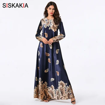 

Siskakia Velvet Dress Women Long Sleeve Maxi Dresses Elegant Plus Size Leaves Printing Autumn Clothes Muslim Arabian Wears Blue