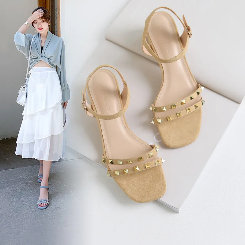 What Sandals Women's 2019 Summer New Style Semi-high Heeled Commuting WOMEN'S Shoes Pearl Suede A- line Buckle round-Toe High He