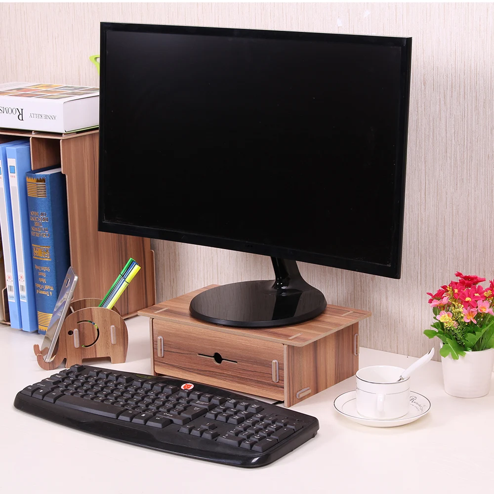 

Office Desk Stationery Storage Organizer Organizador Monitor Riser Stand Organizer Wood with Pen Holder Drawer for School Home