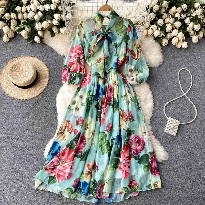Women Elegant Bow Collar Retro Print Dress