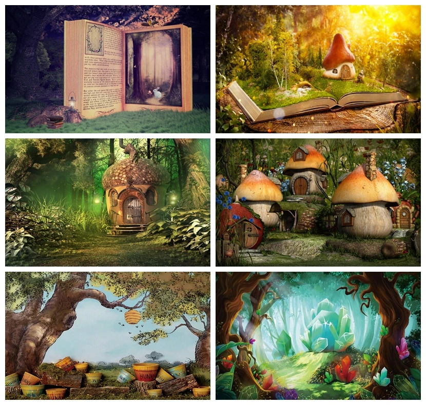 

Laeacco Fairytale Magic Book Forest Window Tree Baby Party Scenic Photographic Background Photo Backdrop Photocall Photo Studio