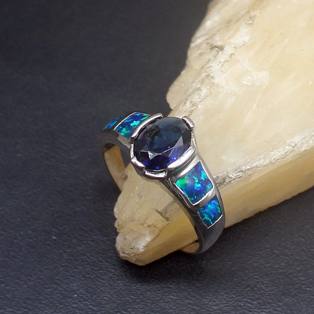 

Hermosa Mystical Blue Opal Sapphire Genuine 925 Silver Band Ring Wedding Engagement Gifts for Women Size 7# 20214372