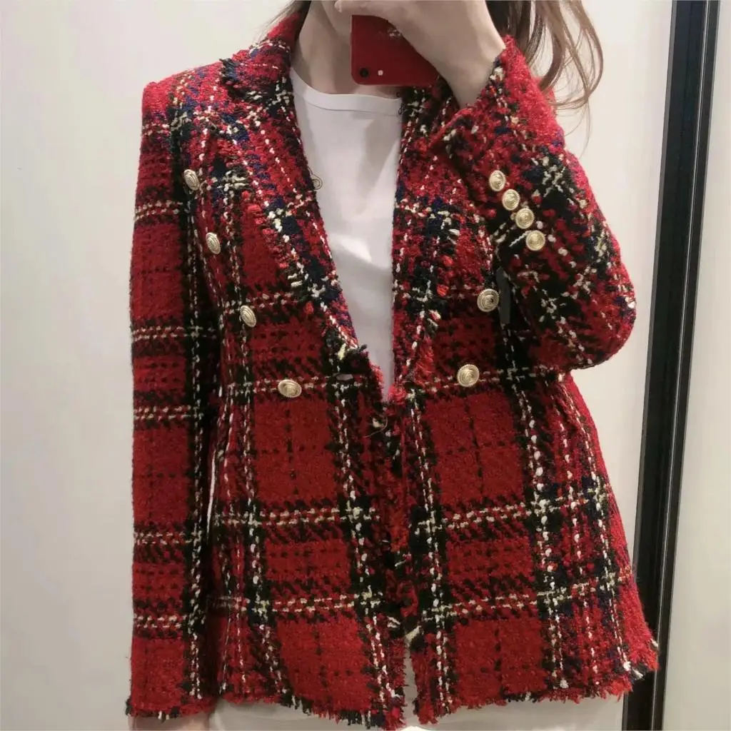 Женский твидовый блейзер в клетку Красный винтажный пиджак шотландскую плотный