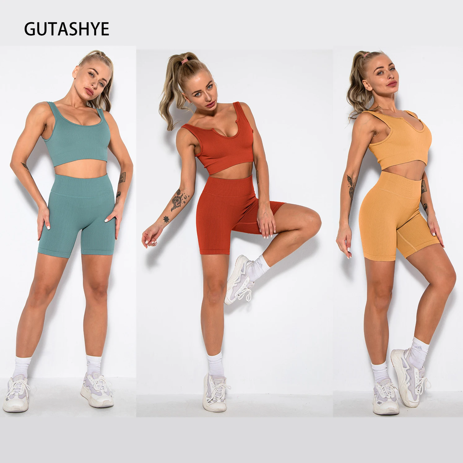 

GUTASHYE Yoga Set Women Crop Top Shorts Seamless Leggings Gym Clothing Running Fitness Sport Athletic Workout Clothes for Women