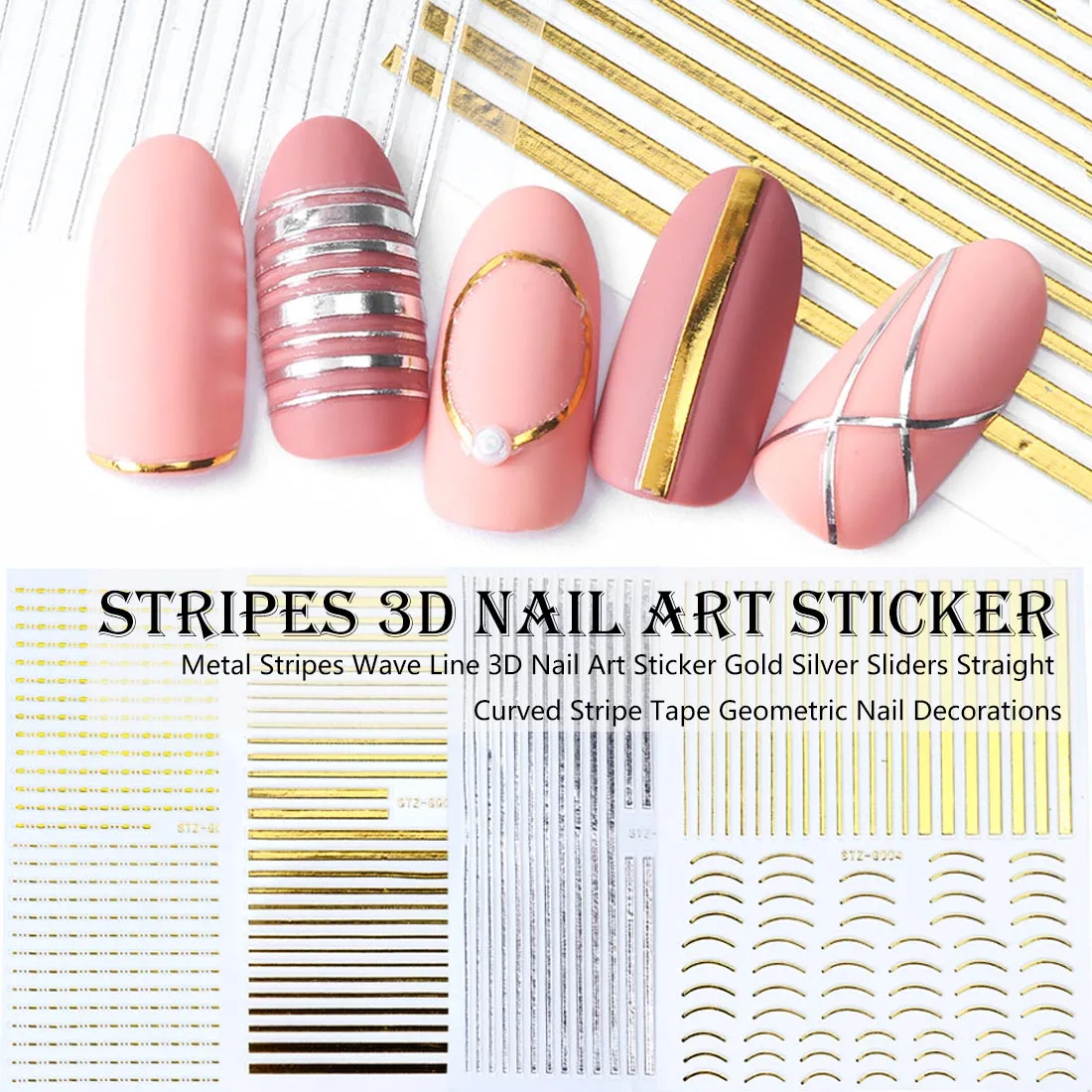 

1pcs Geometric Nail Art Decorations Gold Silver Sliders 3D Nail Stickers Straight Curved Liners Stripe Tape Wraps