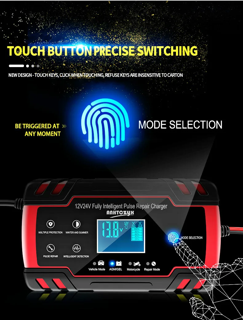 Car battery charger with LCD display on a white background