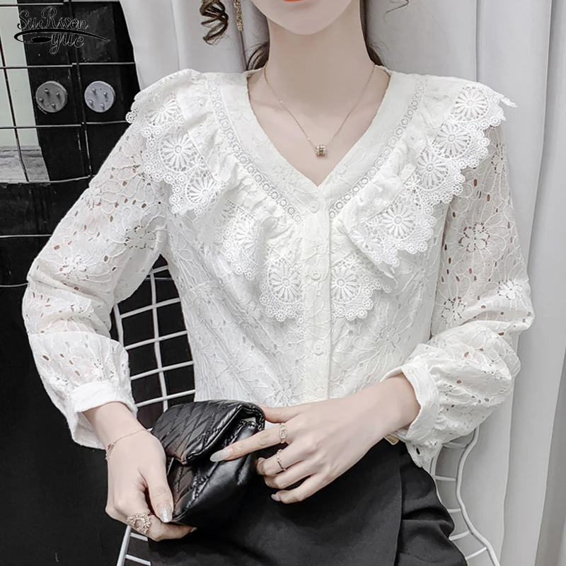 

New Autumn Ruffle Women's Blouse French Elegant V Neck Hollow Out Lace White Shirt for Women Loose Flowers Long Sleeve Top 17167