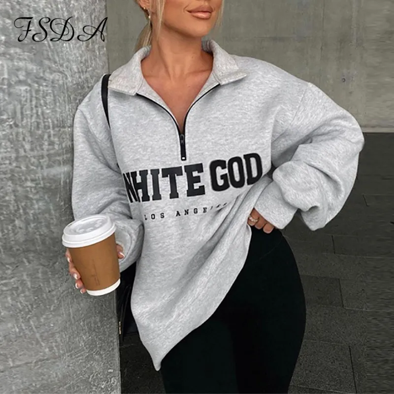 

FSDA 2021 Autumn Winter Letter Print Sweatshirt Oversized Women Long Sleeve Gray Fashion Vintage Casual Loose Pullover