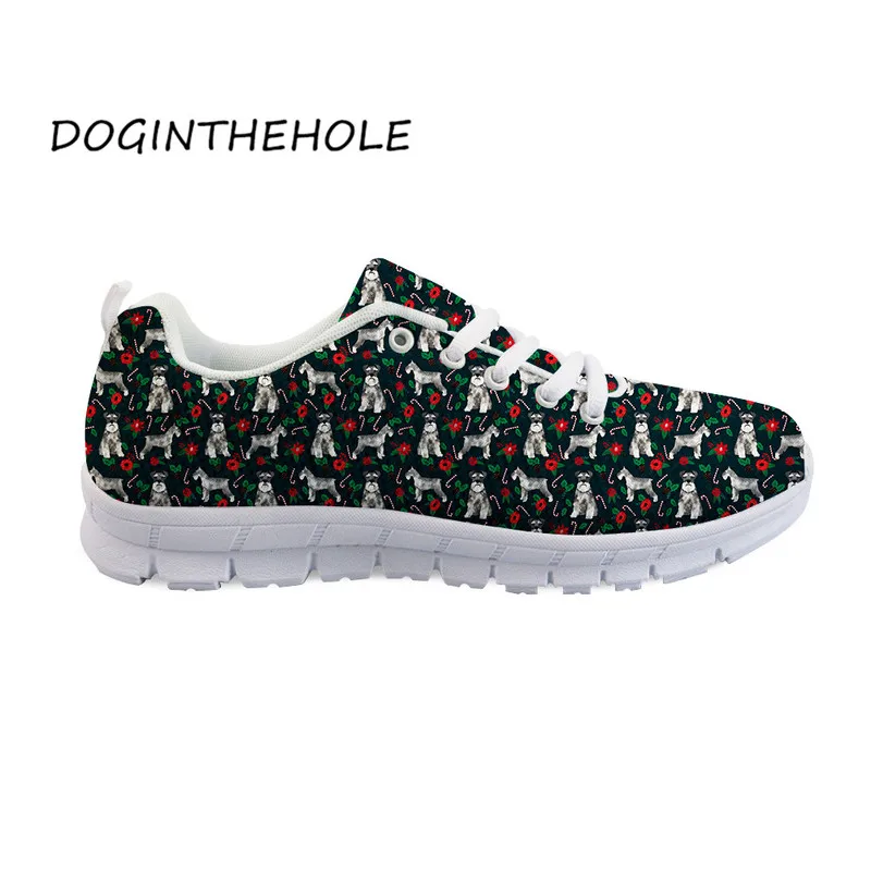 

New Women Sneakers Schnauzer Printing Students Casual Lace Up Light Mesh Shoes Girls Non-slip Sport Shoes Large-sized Flats