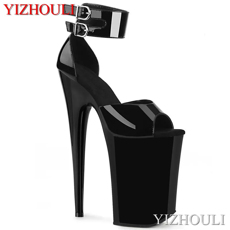 

Summer 9 inch ultra high heel model shoes, black slim heel strap buckle, 23 cm sexy stage show banquet nightclub sandals