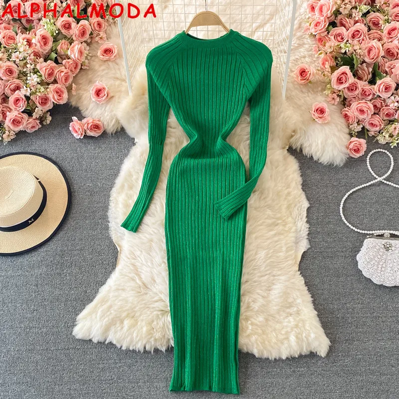 

ALPHALMODA 2021 Autumn New Women Sparkling Knit Dress Long-sleeved Pullovers Slim Rib Fashion Dress Solid Color