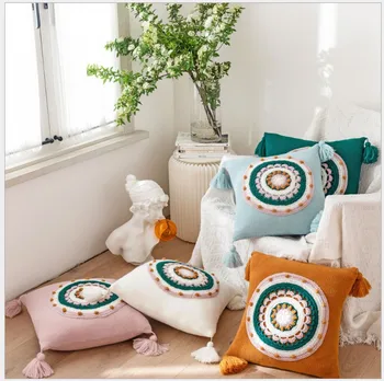 Hand Crochet Knitted Flowers Cushion Cover Blue Green Pillow Cover with Tassels Home Sofa Bed Living Room 45x45cm Pillowcase
Hand Crochet Knitted Flowers Cushion Cover Blue Green Pillow Cover with Tassels Home Sofa Bed Living Room 45x45cm Pillowcase