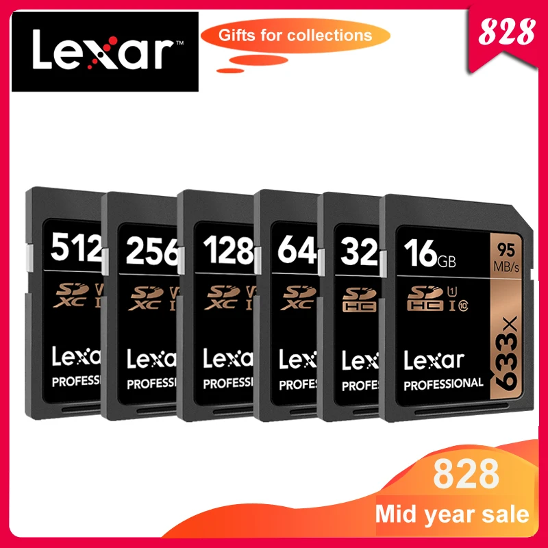 

Original Lexar 633x 16GB 32GB 64GB Class 10 SD SDHC SDXC Memory Card in SD card 128GB 256GB 95MB/s for Digital SLR/HD camera