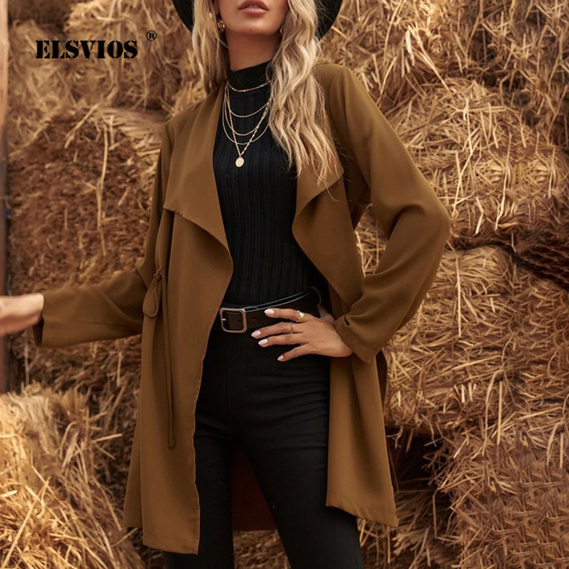 

Autumn Fashion Lace-Up Trench 2022 Spring Lady Elegant Solid Color Jacket Women Loose Casual Turndown Collar Cardigan Outerwear