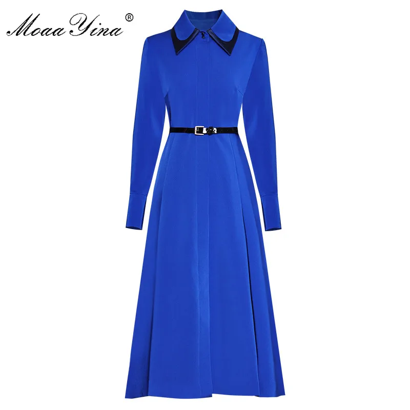 MoaaYina Fashion Designer Runway dress Spring Autumn Women's Dress Turn-down Collar Long sleeve Belt Slim Elegant Dresses | Женская