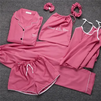 Solid Color Autumn 7 Pieces Pajamas Real Silk Wrinkled Silk Women's Summer Cardigan Tracksuit Cute Pajamas Seven Pie 
Solid Color Autumn 7 Pieces Pajamas Real Silk Wrinkled Silk Women's Summer Cardigan Tracksuit Cute Pajamas Seven Pie