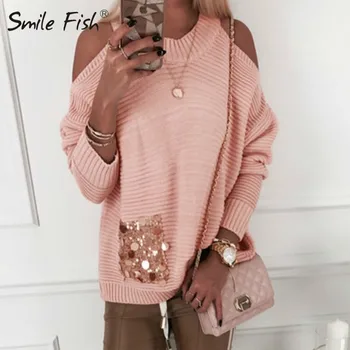 Korea Sequin Cold Shoulder Knitted Tops Autumn Winter Women Long Sleeve Sequinned Pullovers Shining Loose Sweater Jumper G1014
Korea Sequin Cold Shoulder Knitted Tops Autumn Winter Women Long Sleeve Sequinned Pullovers Shining Loose Sweater Jumper G1014