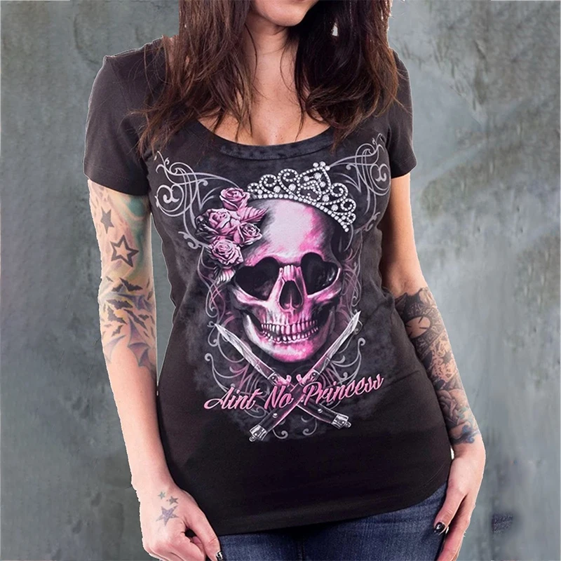 Women's Skull Print Hollow Out T-Shirt Halloween Vintage Gothic Cold Should Short Sleeve Tuinc Tops Plus Size.S-5XL 