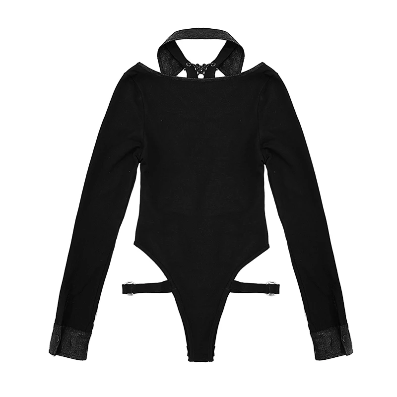 Gothic Punk Bodysuit Women Black Jumpsuit Long Sleeves Sexy Tops Hollow Out Cross Straps Turn Down Collar Party Women Clothes