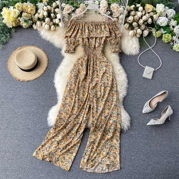 Floral wide leg pants Women's high-waisted thin elastic ruffles off-shoulder jumpsuit
Floral wide leg pants Women's high-waisted thin elastic ruffles off-shoulder jumpsuit