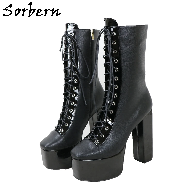 

Sorbern 18Cm Square High Heels Ankle Boots Lace Up Shoes Visible Platform Shoes Chunky Heeled Short Booties Custom Multi Colors