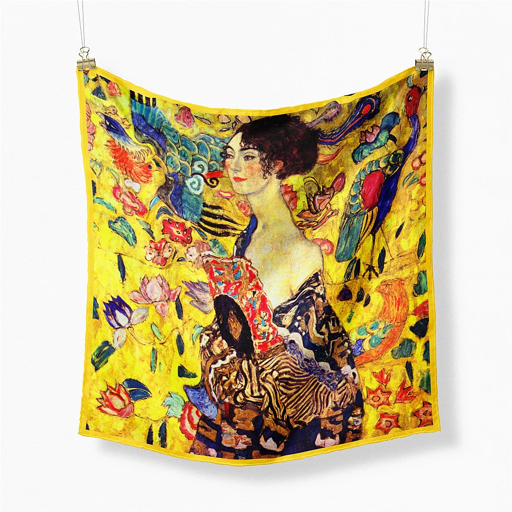 53cm Oil Painting Holding Fan Woman Fashion Square Scarf 2021 Design Silk Women Scarf Bandana Luxury Headband Hijab Neckerchief
53cm Oil Painting Holding Fan Woman Fashion Square Scarf 2021 Design Silk Women Scarf Bandana Luxury Headband Hijab Neckerchief