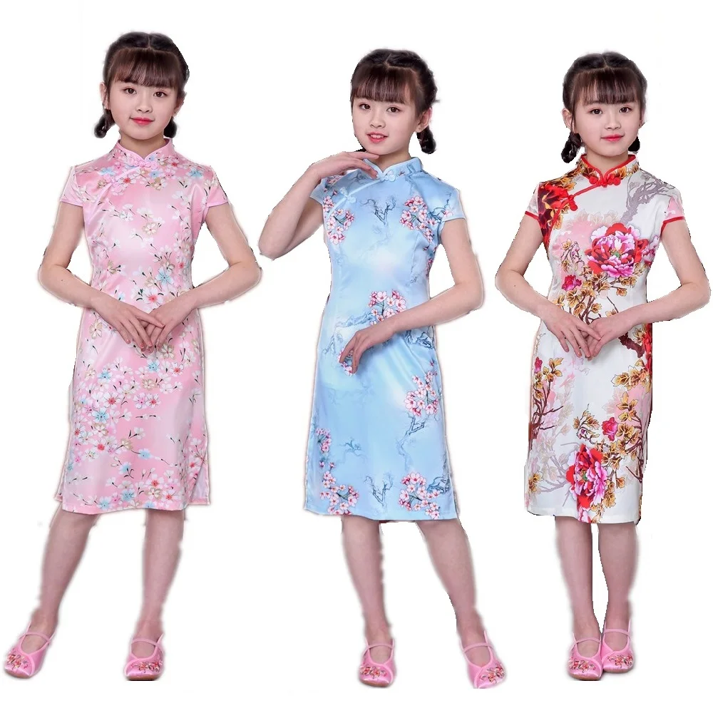 

2020 Chinese Girl Qipao Dress Silk Soft Children One-Piece Clothes Floral Girl's Cheongsam Festival Party Chi-Pao Dress Outfits