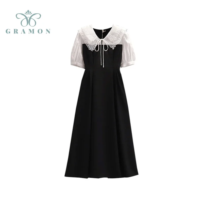 Large Size Black Bubble Sleeve Lace Peter Pan Collar Dress Female Slim French Retro Hepburn Long 2021 Summer Sweet Clothes | Женская