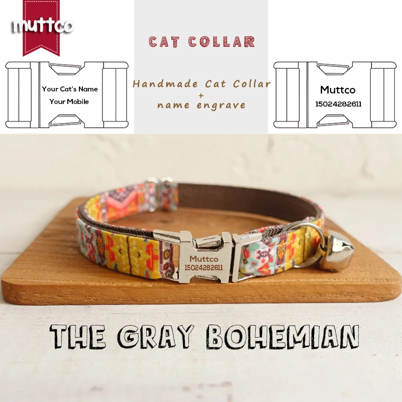 

MUTTCO retailing pleasing engraved metal buckle cat collar THE GRAY BOHEMIAN unique folk style cat collars 2 sizes UCC051