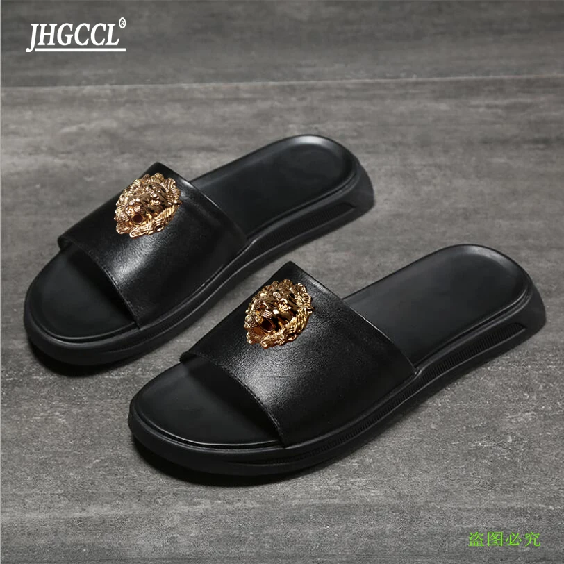 

Top quality Men's slipper brand designer cowhide smoking slipper new style casual slipper Outdoor sandal P7