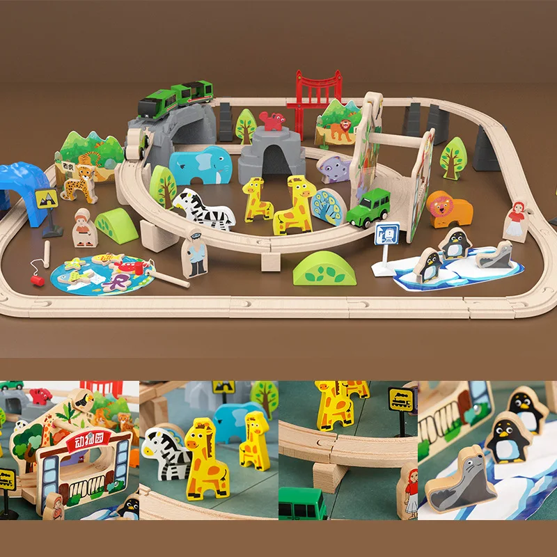 82PCS Animal Zoo Wooden Train Track Set Magnetic Car Model Puzzles Wooden Railway Early Toys For Children Educational toys