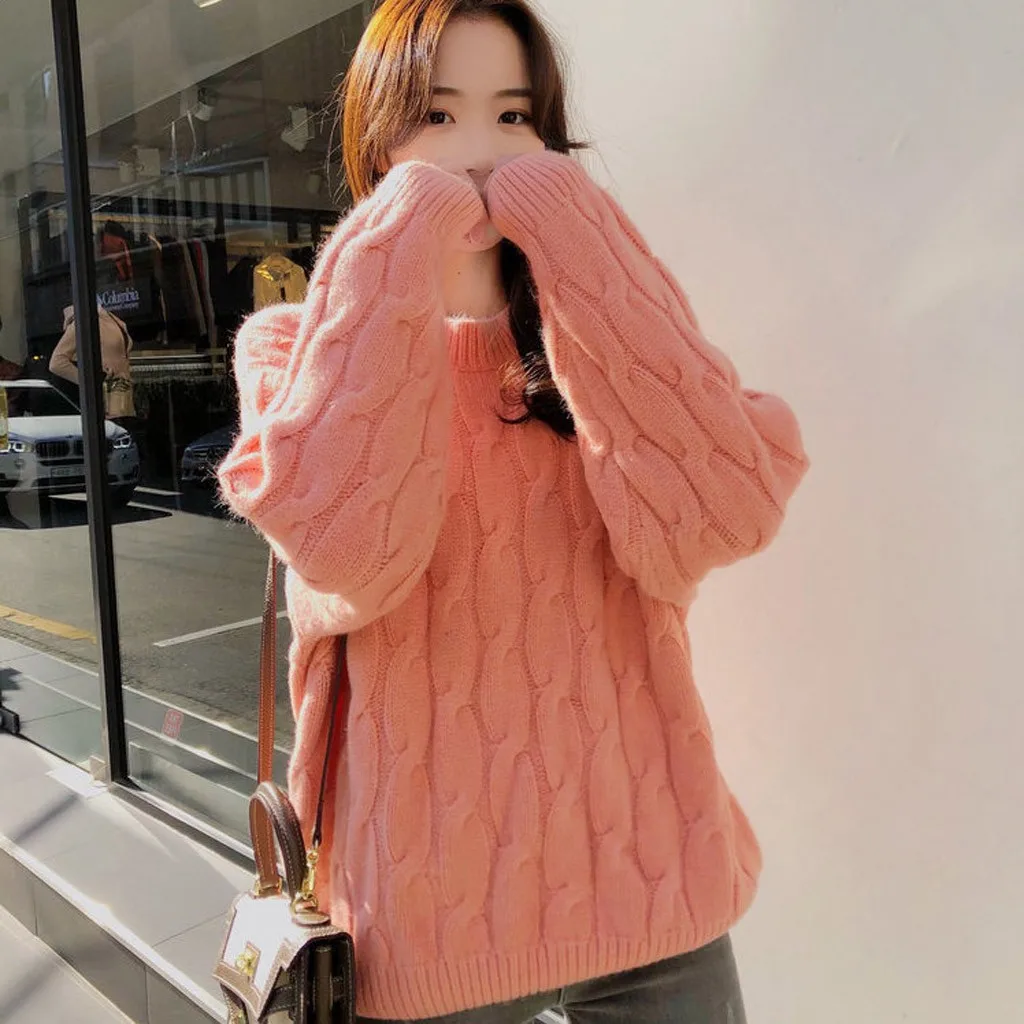 Jaycosin Fashion Women Casual Simple Long Sleeve Knitting Sweater Stylish Solid Color Comfortable Warm Lazy Wind Sweater
