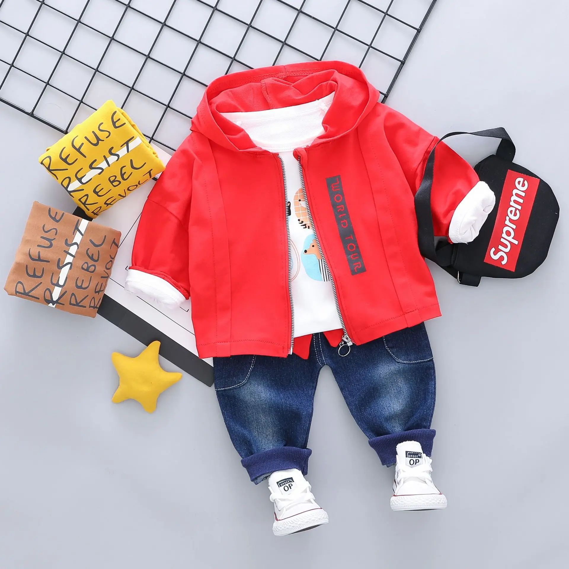 2019 New Style Autumn English Zipper Hoodie Cowboy Trousers Children Korean-style Cartoon Crew Neck Long-sleeve Suit
