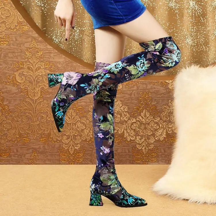 Thigh High Boots Women Chic Colorful Floral Stretch Fabric Sock Boots Women Slip On Round Toe High Square Heels Womens Shoes
Thigh High Boots Women Chic Colorful Floral Stretch Fabric Sock Boots Women Slip On Round Toe High Square Heels Womens Shoes