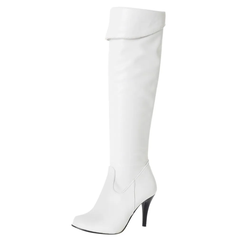 Женские сапоги выше колена SAGACE белые зимние высокие на тонком высоком каблуке