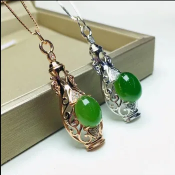

Real 925 Silver Green HeTian Jade Antique Hollowed-out Vase Lucky Pendant + Chain Necklace For Women Fine Jewelry