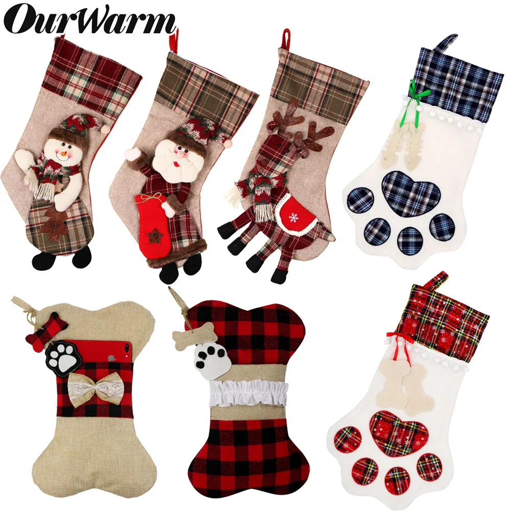 

OurWarm New Year 2022 Christmas Stockings Reindeer Snowman Santa Claus Socks Plaid Christmas Gift Bags Xmas Tree Ornaments