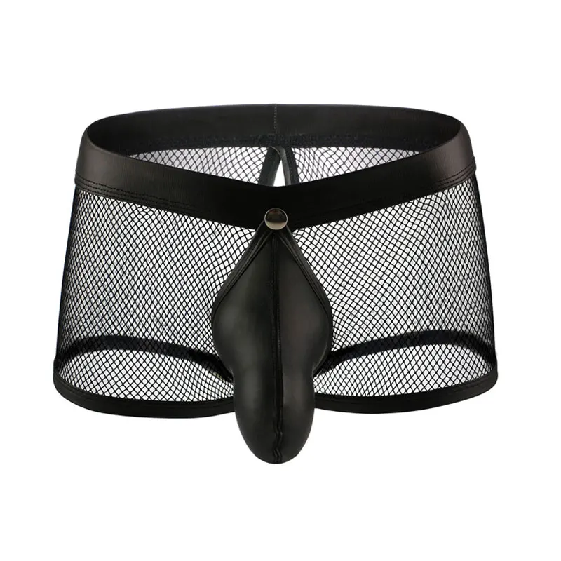 

Sexy Men Faux Leather U Convex Pouch Boxers Mesh Sheer Open Crotch COCK Ring Breathable Underwear Gay Wear Plus Size F11
