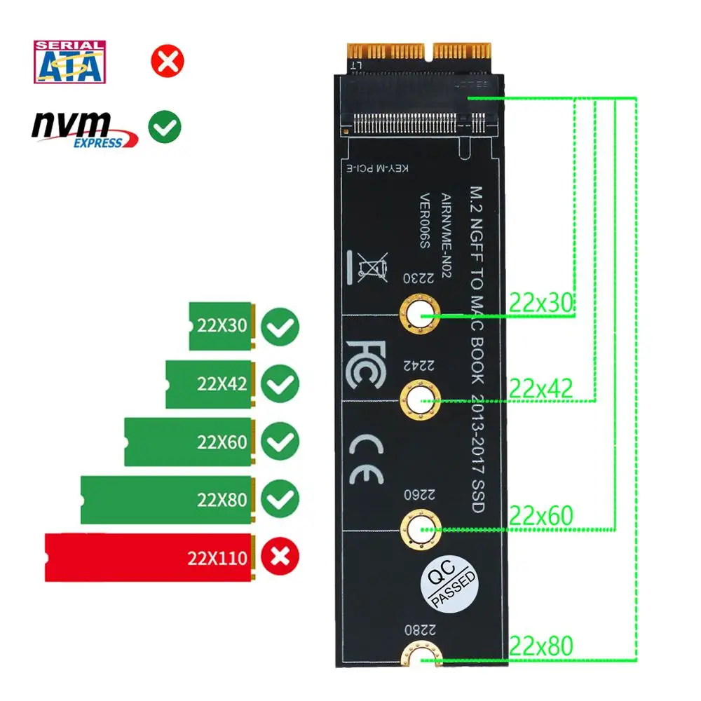 M.2 NVME SSD Convert Adapter Card for Upgrade MacBook Air (2013-2017) Support M.2 NVME/AHCI SSD such as Samsung 960 EVO
M.2 NVME SSD Convert Adapter Card for Upgrade MacBook Air (2013-2017) Support M.2 NVME/AHCI SSD such as Samsung 960 EVO