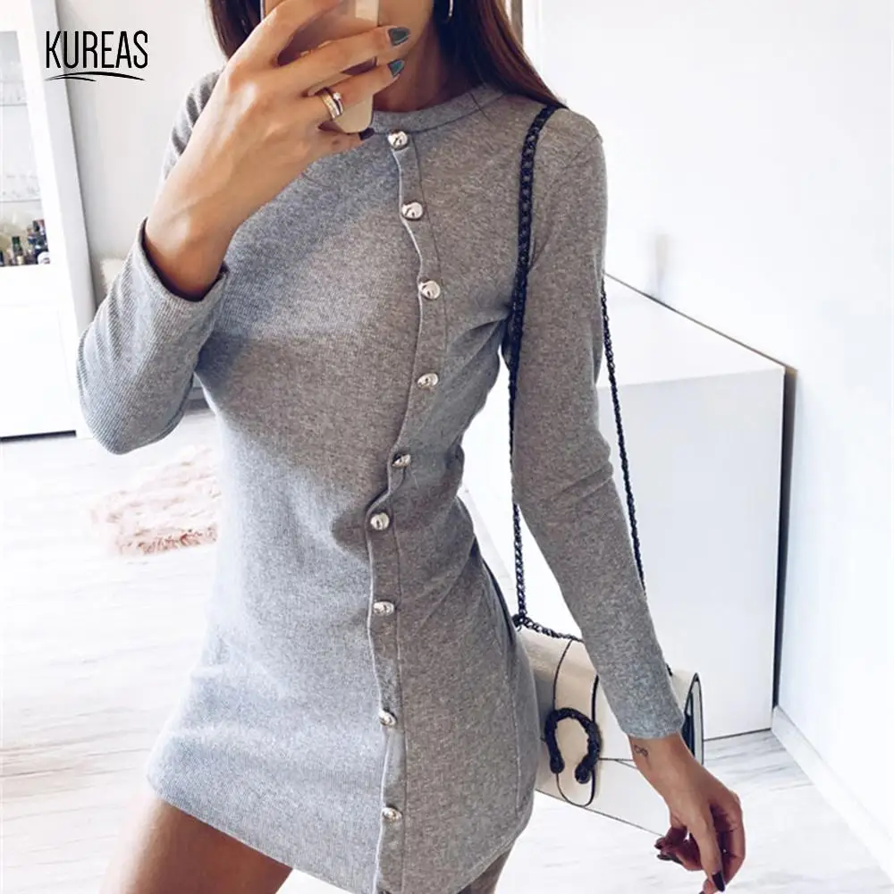 

Kureas Knitted Dress Women Winter Autumn Sexy Slim Fit Single Breasted Mini Dresses Long Sleeve O Neck