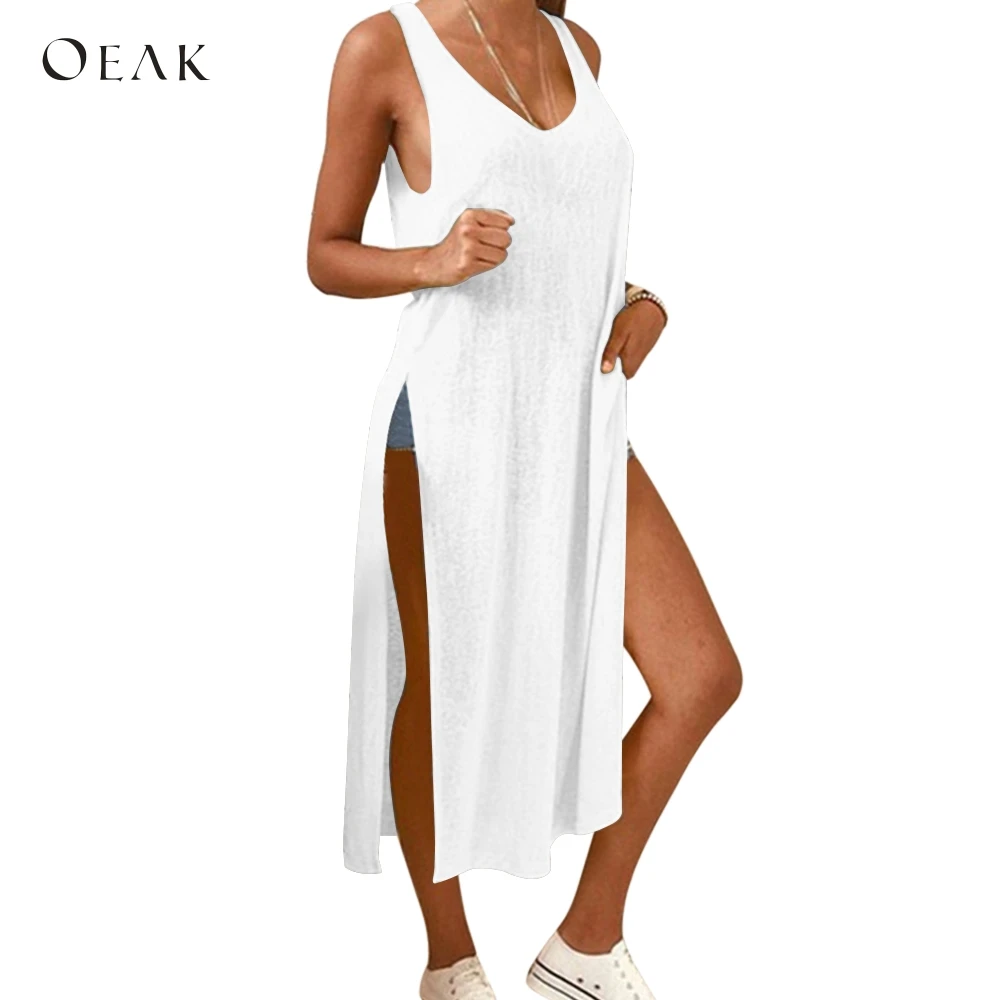 Oeak 2020 женское летнее без рукавов с v-образным вырезом и разрезом сбоку
