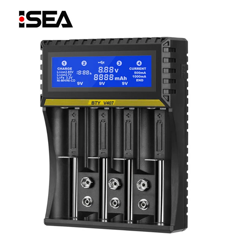 

BTY 4 Slots Battery Charger 18650 Multi-function Li-ion Li-fe Ni-MH Ni-CD Charger for AA/AAA/18650/26650/6F22/9V Battery Charger