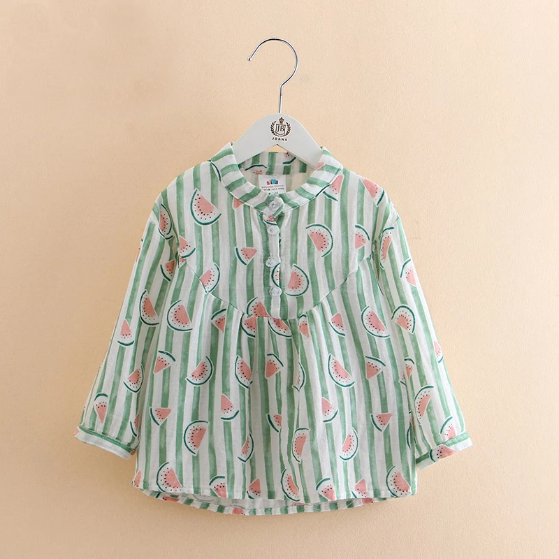 

2019 Spring New Arrival Kids Children Mandarin Collar Watermelon Print Strip Long Sleeve Baby Girls Loose Cotton Blouse Shirt