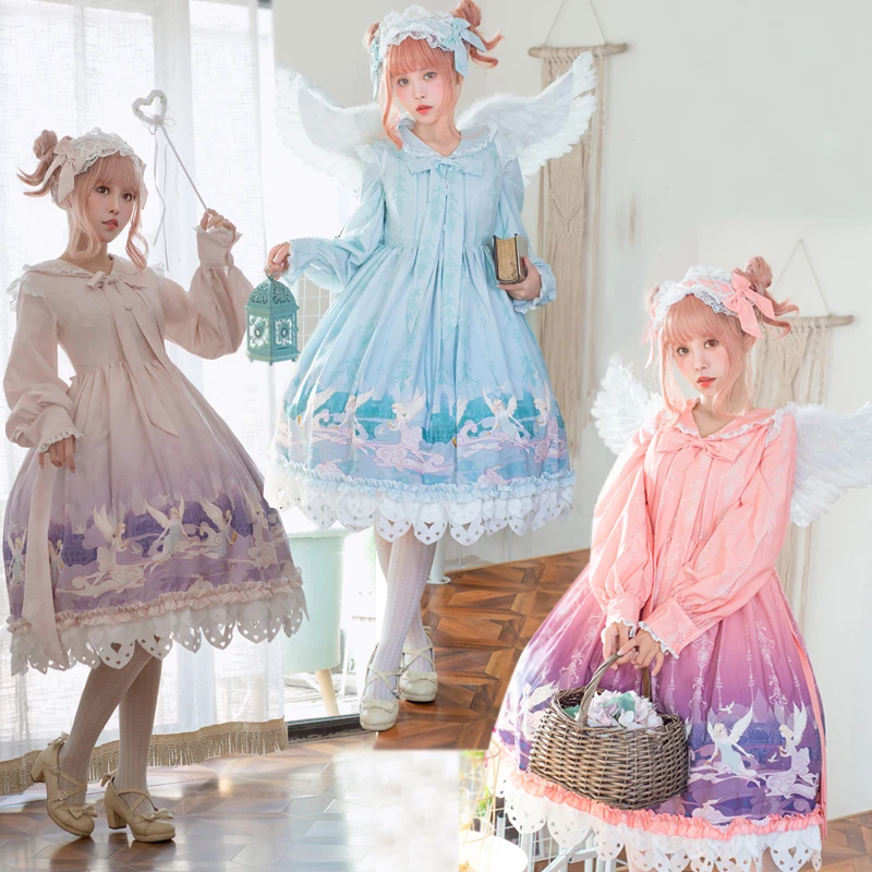 Винтажное платье принцессы в стиле «Лолита», милое платье в викторианском стиле, с ажурным бантом и милым принтом, Готическая Лолита, косплей 
Винтажное платье принцессы в стиле «Лолита», милое платье в викторианском стиле, с ажурным бантом и милым принтом, Готическая Лолита, косплей