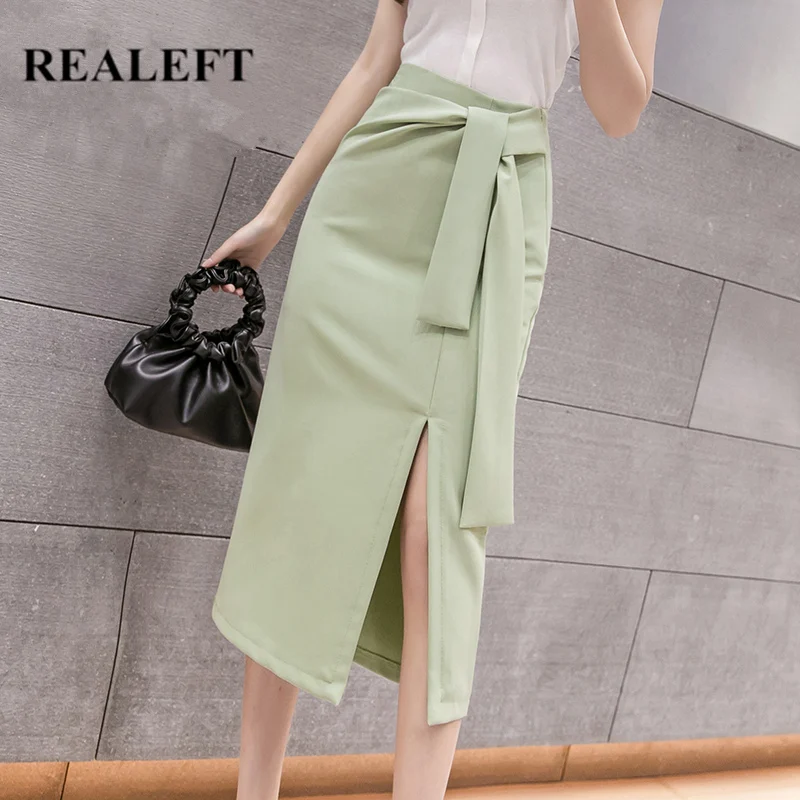 REALEFT New 2020 Spring Summer Wrap Skirts Sashes High Waist Solid Workwear Skirt Korean OL Style Front Split Elegant Midi | Женская