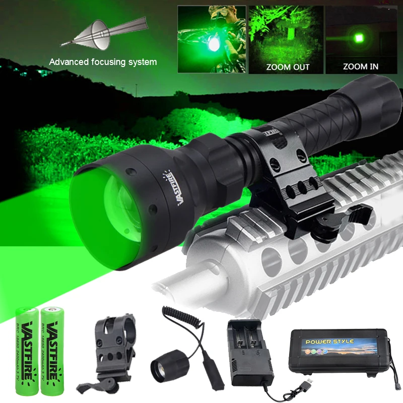 

6000Lumen T50 Green Light E2 LED Tactical Hunting Flashlight 18650 Battery Torch Lamp Lantern with Charge Rifle Scope Mount