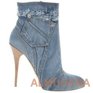 

Rome Style Denim Pointed Toe Boots High Quality Stiletto Heel Short Boots Graceful Concise Fit Cut Outs Autumn Ankle Boots