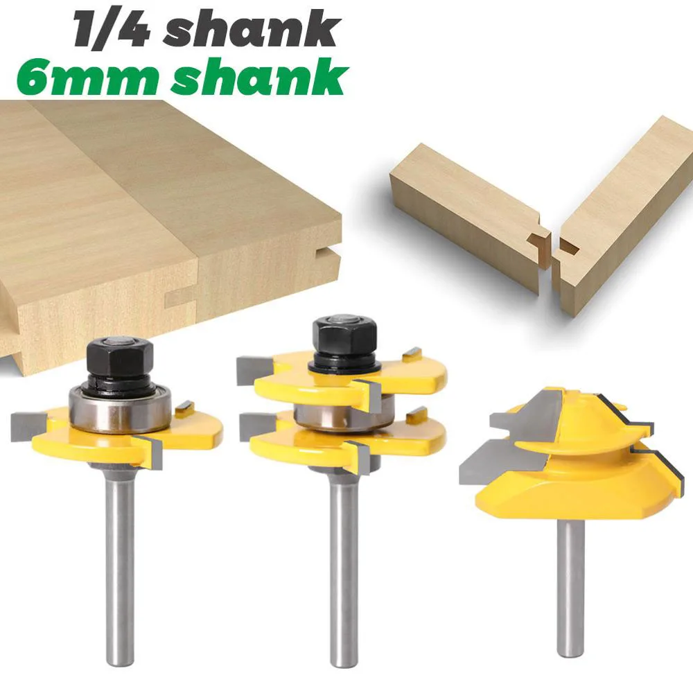 3PC/Set 1/4" 6.35MM 6MM Shank Milling Cutter Wood Carving 45 Lock Miter Bit Tongue Groove Router Bit Set Anti Kickback Design
3PC/Set 1/4" 6.35MM 6MM Shank Milling Cutter Wood Carving 45 Lock Miter Bit Tongue Groove Router Bit Set Anti Kickback Design