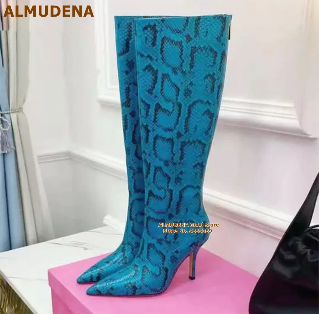 

ALMUDENA Blue Yellow Snakeskin Knee High Boots Stiletto Heels Pointy Toe Long Boots Winter Dress Shoes Python Printed Heels